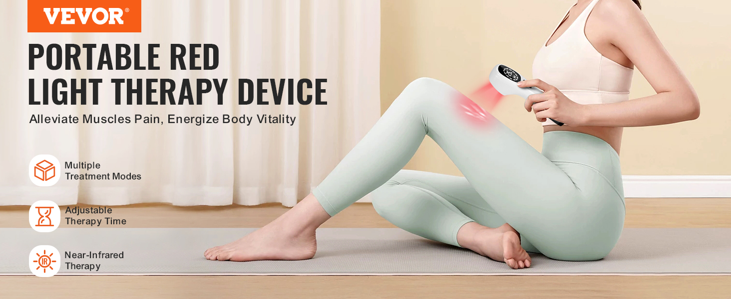 VEVOR red light therapy device in use on leg pain relief, with multiple modes and adjustable therapy time.
