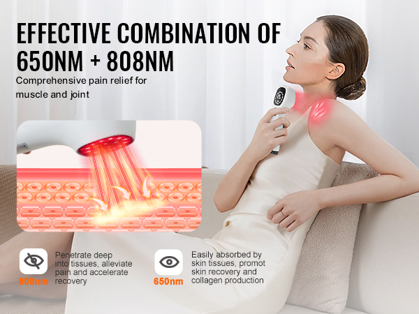 VEVOR red light therapy device for muscle and joint pain relief with 650nm and 808nm wavelengths.