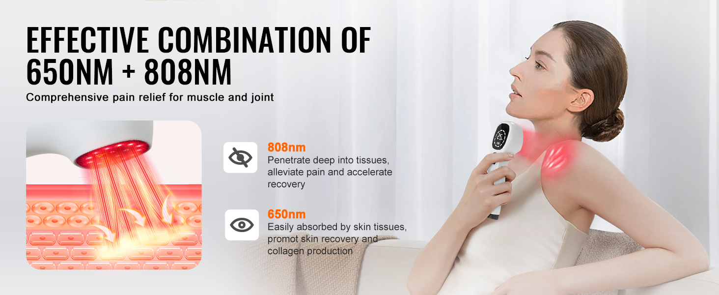 VEVOR red light therapy device for muscle and joint pain relief with 650nm and 808nm wavelengths.