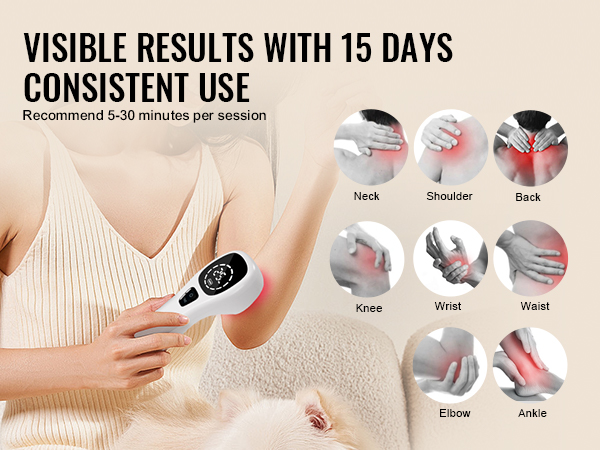 woman using VEVOR red light therapy device on arm with visible results in 15 days for multiple areas.