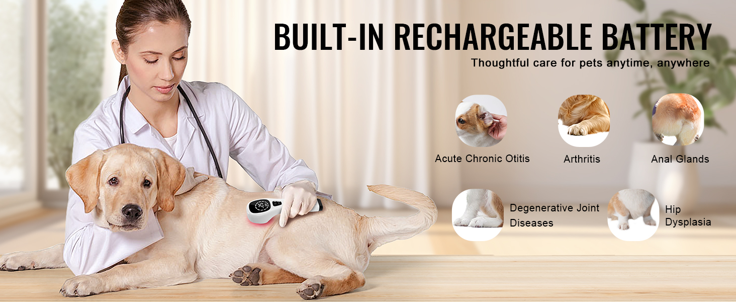 vet using VEVOR red light therapy device on a labrador, treating chronic conditions, with six condition icons.