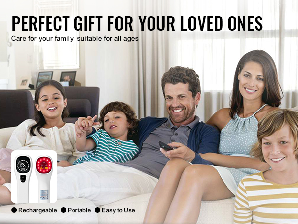 family sitting on a couch with the VEVOR red light therapy device in focus.