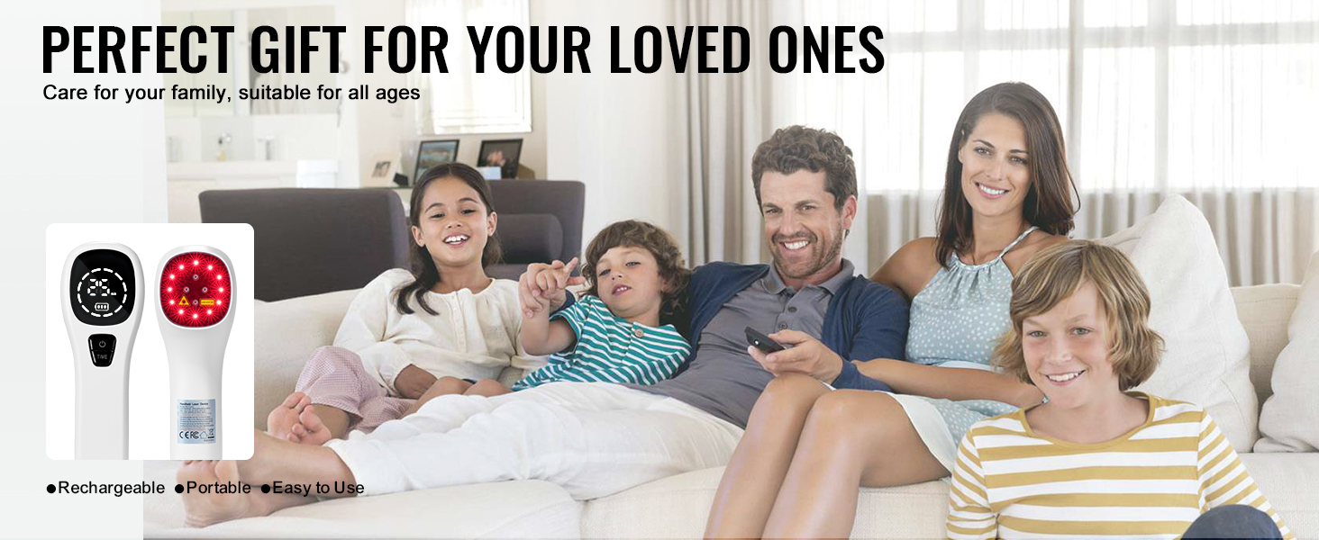 family sitting on a couch with the VEVOR red light therapy device in focus.