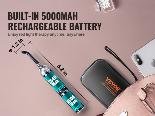 VEVOR sarkanās gaismas terapijas ierīce ar 5000 mAh uzlādējamu akumulatoru, blakus rozā rokassomiņai un saulesbrillēm.