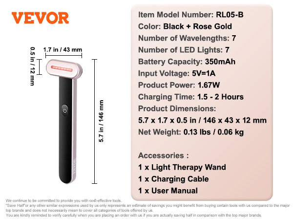 VEVOR red light therapy wand with 7 wavelengths, 350mah battery, black and rose gold. compact design.