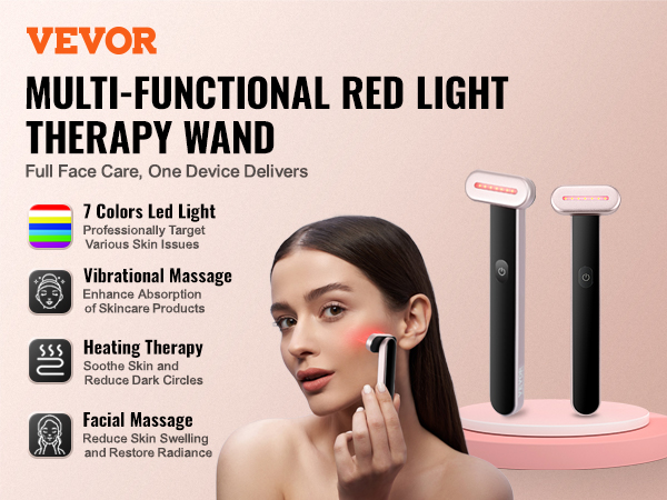 VEVOR red light therapy wand offers 7-color led light, vibrational massage, heating therapy, and facial massage.