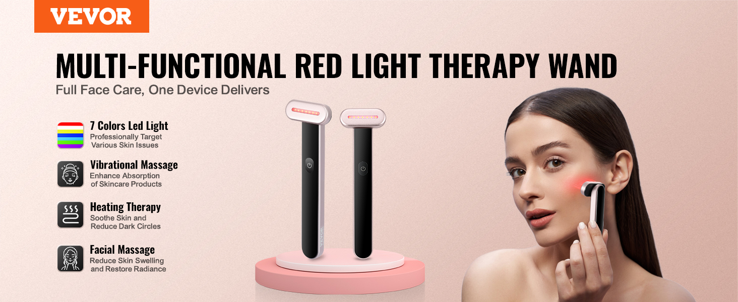 VEVOR red light therapy wand offers 7-color led light, vibrational massage, heating therapy, and facial massage.