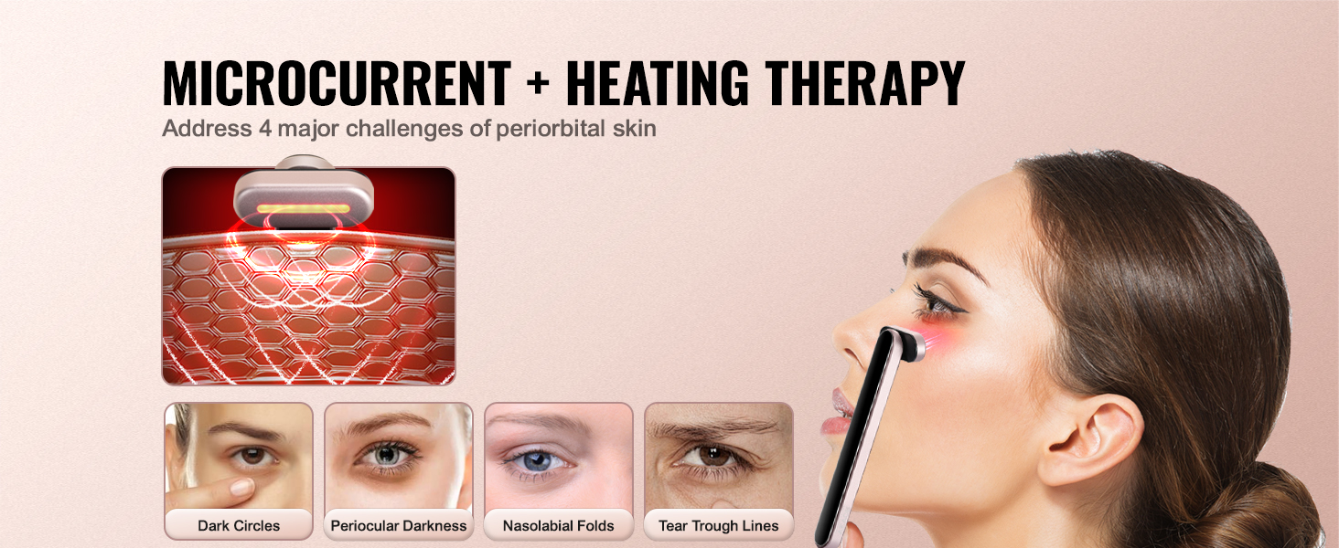 microcurrent and heating therapy address periorbital skin challenges with the VEVOR red light therapy wand.