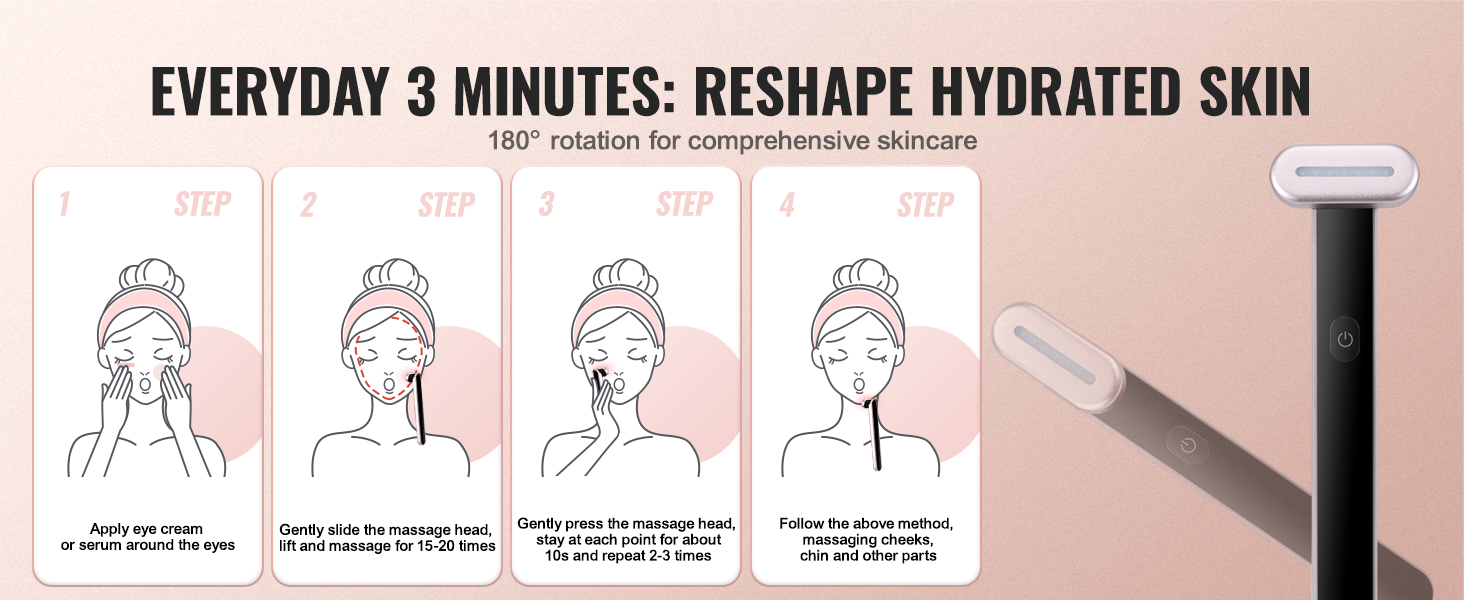 everyday 3 minutes: reshape hydrated skin with the VEVOR red light therapy wand. 180° rotation guide shown.