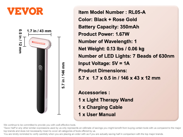 VEVOR red light therapy wand with 7 led lights, 630nm, 350mah battery, black and rose gold.
