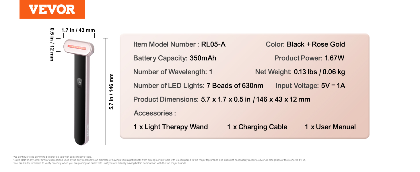 VEVOR red light therapy wand with 7 led lights, 630nm, 350mah battery, black and rose gold.