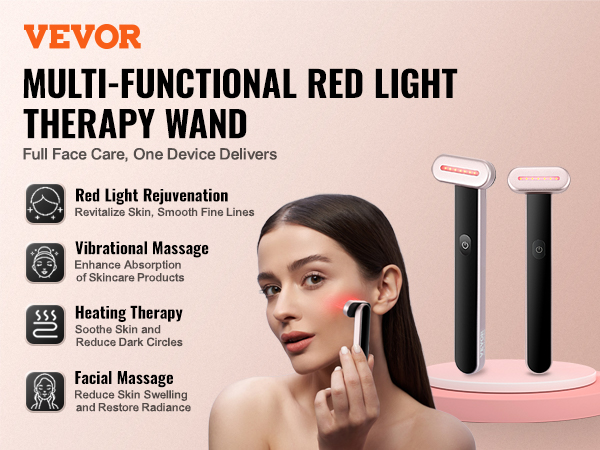 VEVOR red light therapy wand for skincare featuring red light rejuvenation, vibrational massage, and heating therapy.