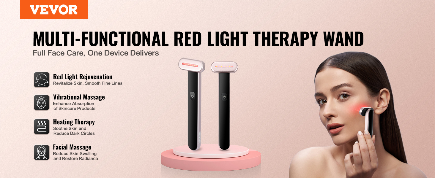 VEVOR red light therapy wand for skincare featuring red light rejuvenation, vibrational massage, and heating therapy.
