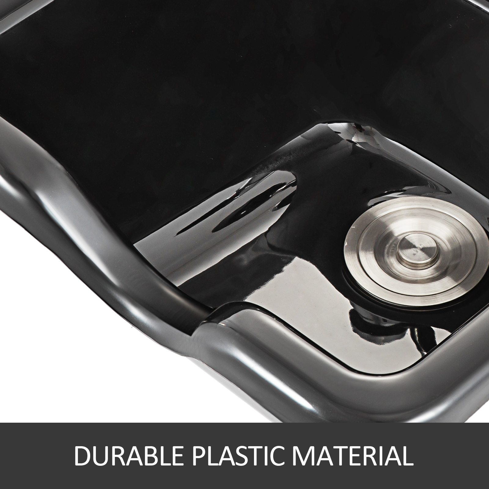 VEVOR šampūna trauks ar izturīgu plastmasas materiālu un spīdīgu nerūsējošā tērauda iztukšošanas sistēmu.