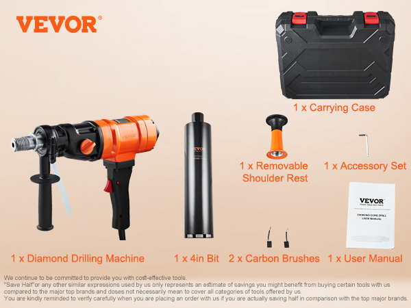 VEVOR diamond core drill set with carrying case, diamond drilling machine, 4in bit, and accessories.