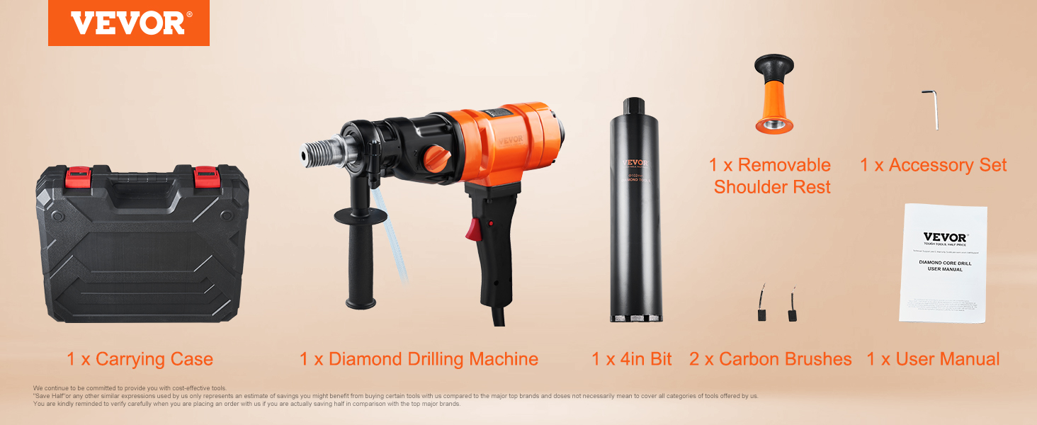 VEVOR diamond core drill set with carrying case, diamond drilling machine, 4in bit, and accessories.