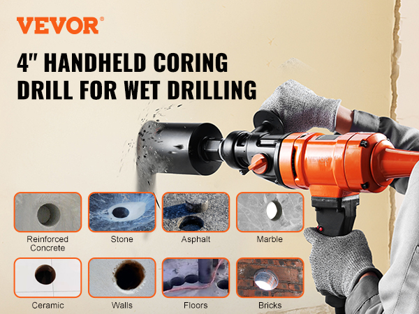 VEVOR diamond core drill handheld, suited for wet drilling concrete, stone, asphalt, marble, bricks.