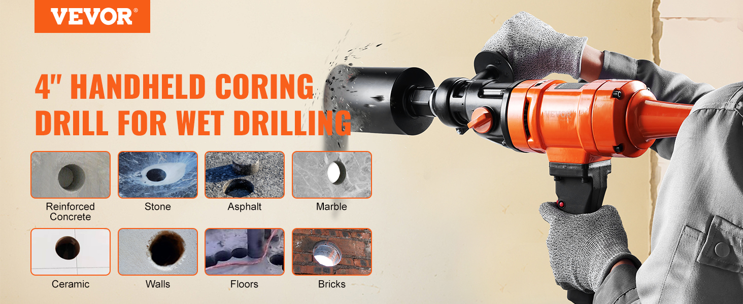 VEVOR diamond core drill handheld, suited for wet drilling concrete, stone, asphalt, marble, bricks.