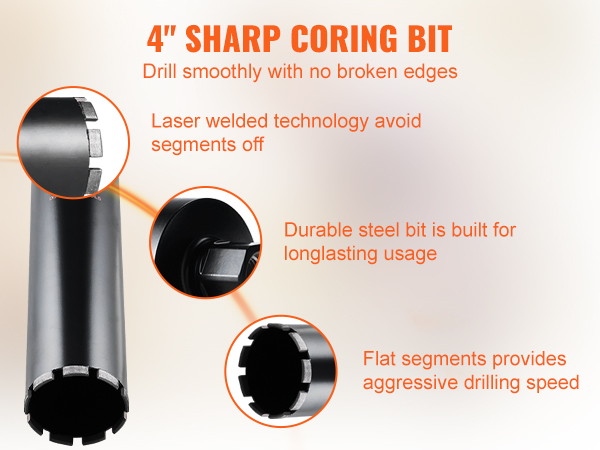 4" VEVOR diamond core drill bit, smooth drilling, laser-welded, durable steel, flat segments, no breaks