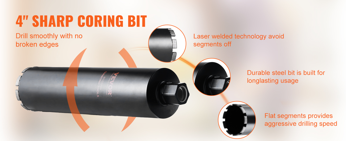4" VEVOR diamond core drill bit, smooth drilling, laser-welded, durable steel, flat segments, no breaks