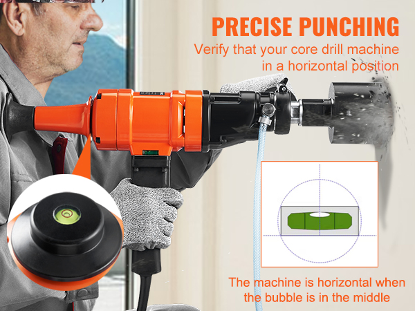 worker using orange VEVOR diamond core drill with level indicator for precise punching into a wall.