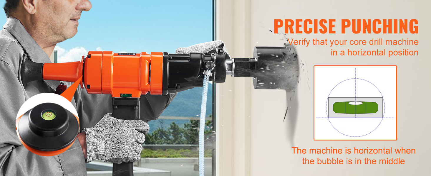 worker using orange VEVOR diamond core drill with level indicator for precise punching into a wall.