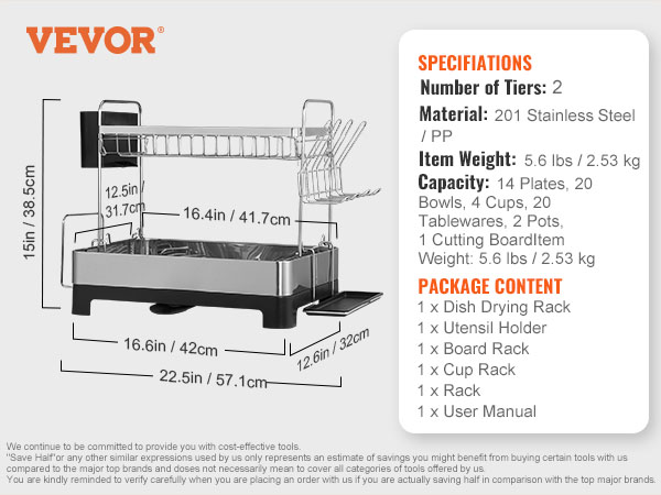 VEVOR dish drying rack with two tiers, stainless steel build, and 14-plate capacity. includes utensil and board rack.