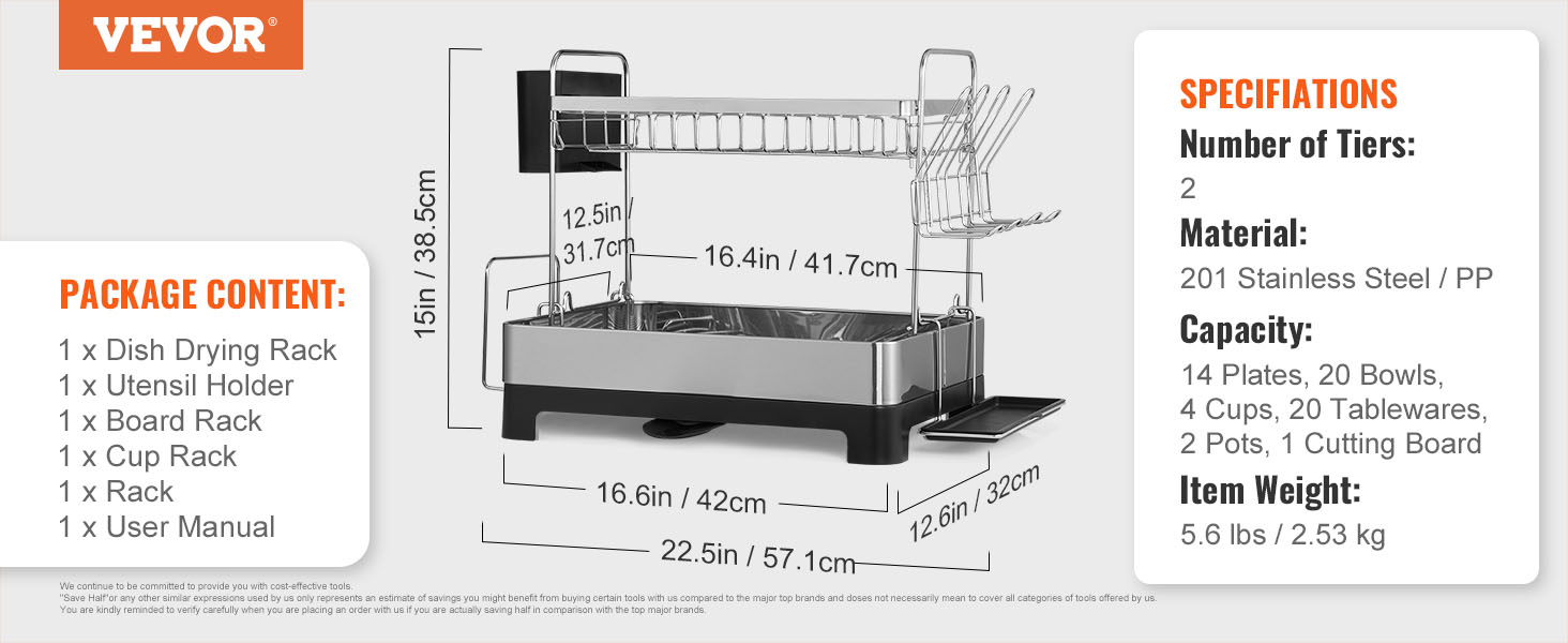 VEVOR dish drying rack with two tiers, stainless steel build, and 14-plate capacity. includes utensil and board rack.