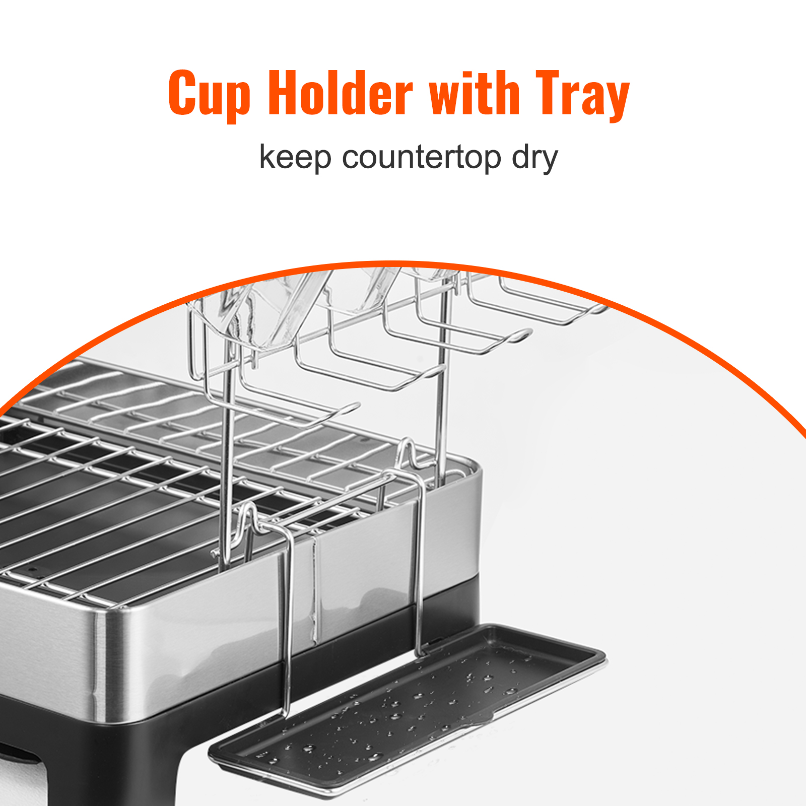 VEVOR dish drying rack with cup holder and tray, ensuring a dry countertop.