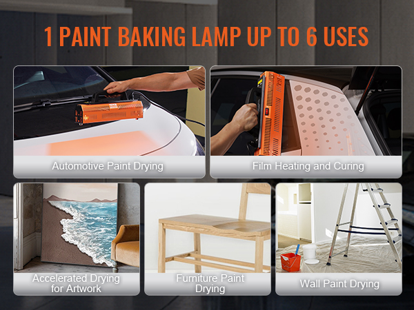 VEVOR infrared curing lamp uses: automotive drying, film heating, artwork drying, furniture/wall paint drying.
