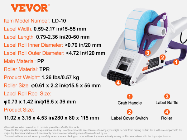 VEVOR label applicator showing model ld-10 specs, ergonomic handle, and durable construction components.