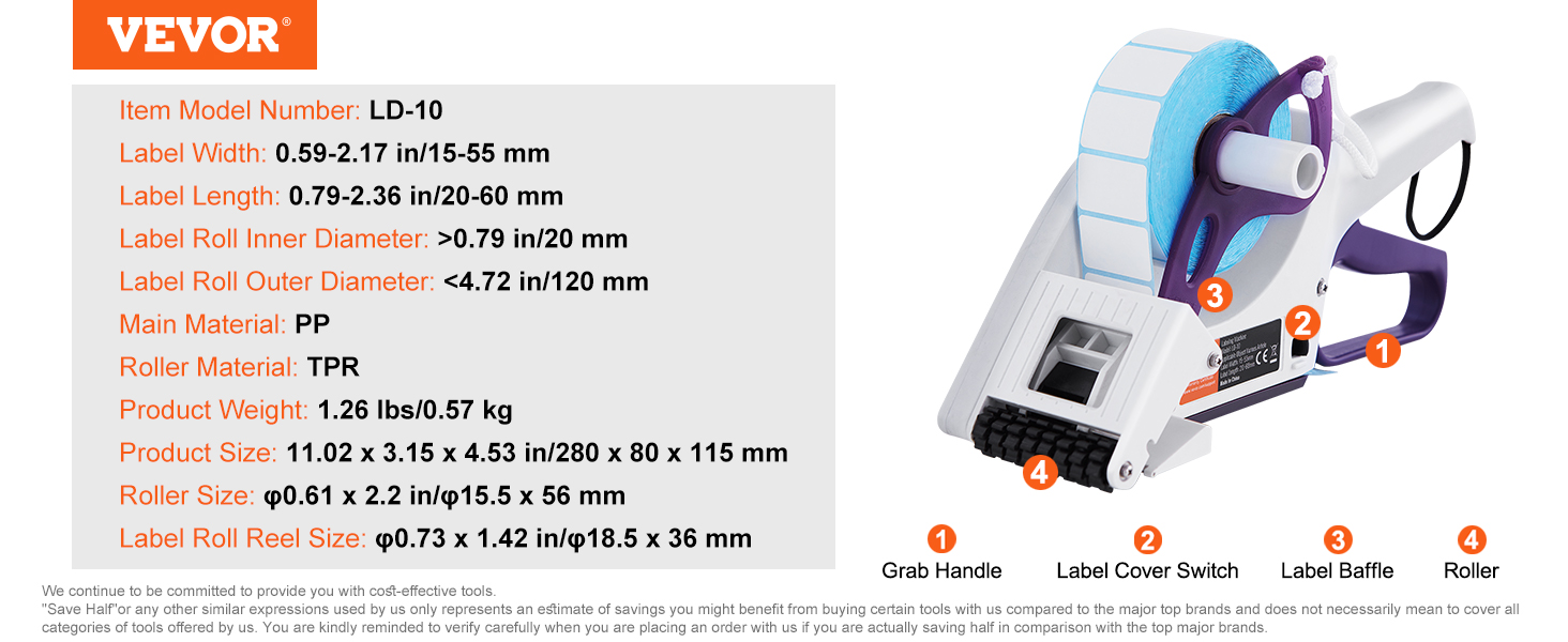 VEVOR label applicator showing model ld-10 specs, ergonomic handle, and durable construction components.