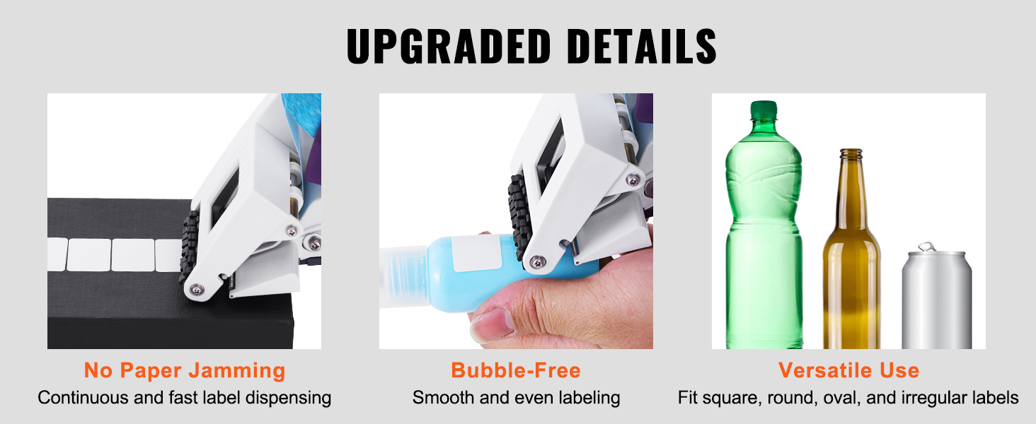 VEVOR label applicator for bubble-free labeling with versatile use, no paper jamming, fit for various bottles.