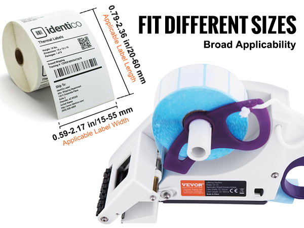VEVOR label applicator with thermal label roll, showing versatile label size compatibility.