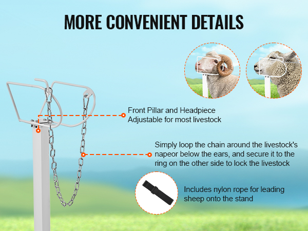 VEVOR livestock stand with adjustable front pillar, headpiece, chain for securing livestock, and nylon rope.