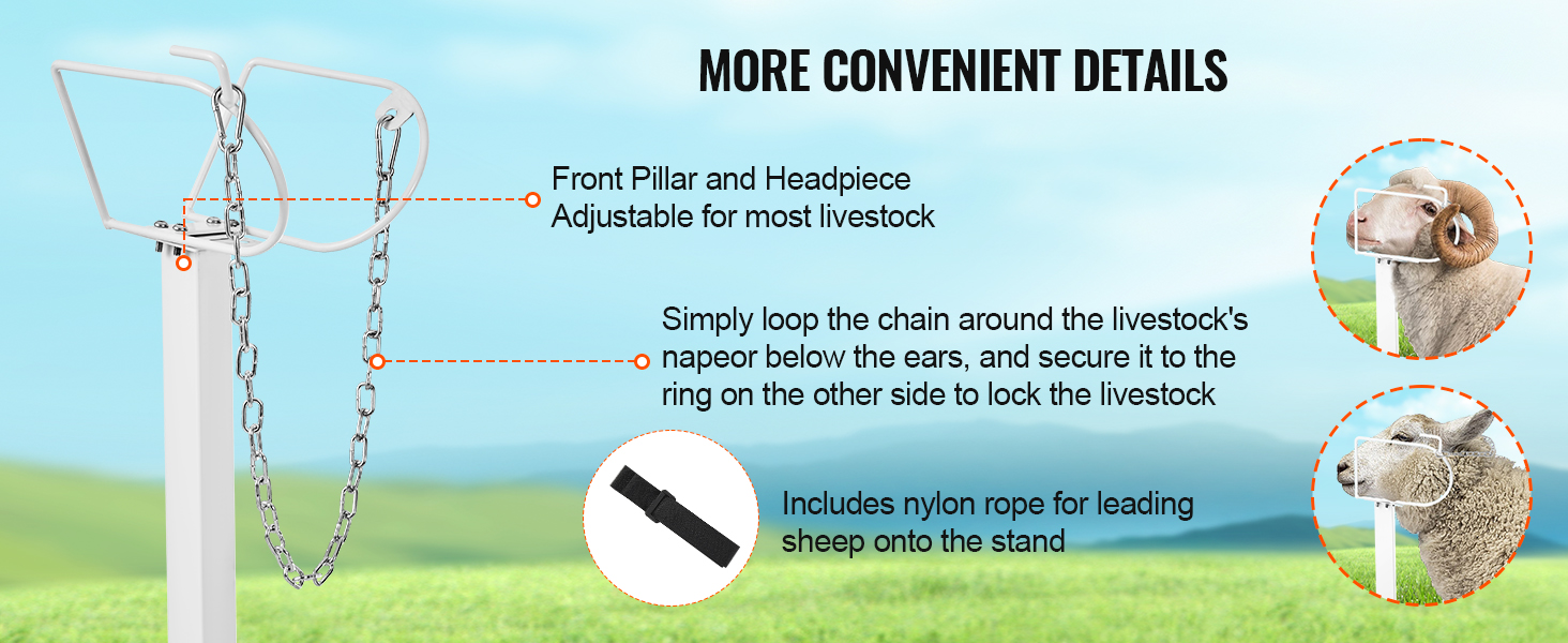 VEVOR livestock stand with adjustable front pillar, headpiece, chain for securing livestock, and nylon rope.