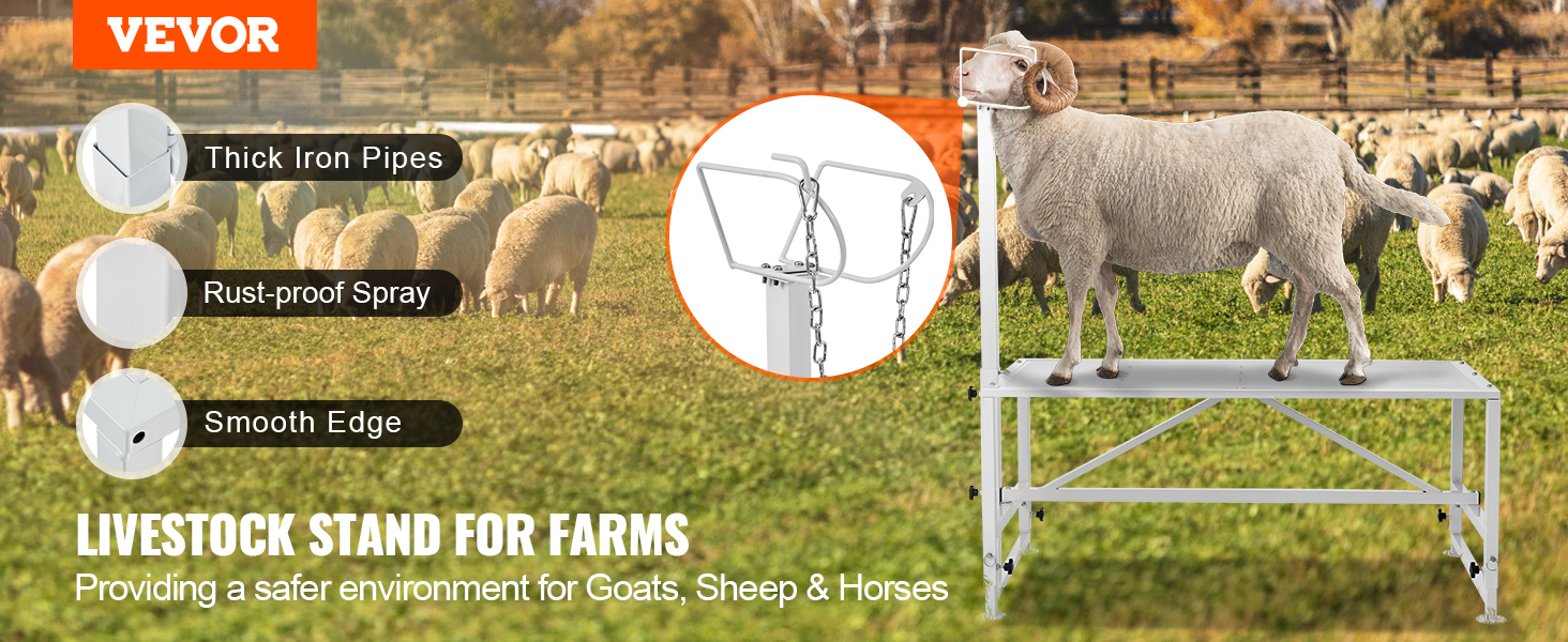 VEVOR livestock stand showcasing thick iron pipes, rust-proof spray, and smooth edges for farms.