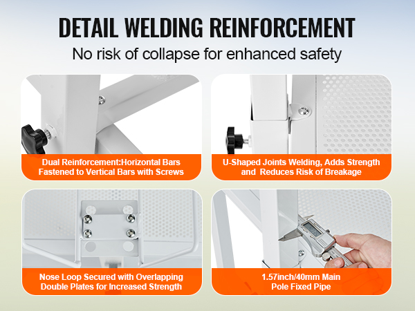 detail welding reinforcement for VEVOR livestock stand with dual reinforcement, u-shaped joints, and secure loop.