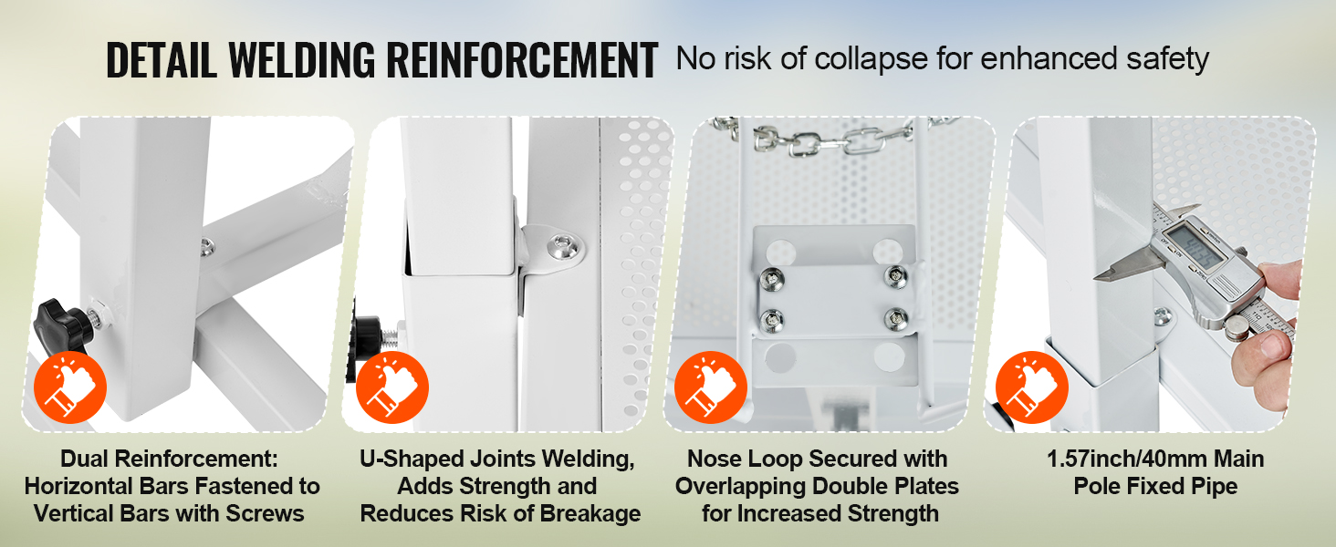 detail welding reinforcement for VEVOR livestock stand with dual reinforcement, u-shaped joints, and secure loop.
