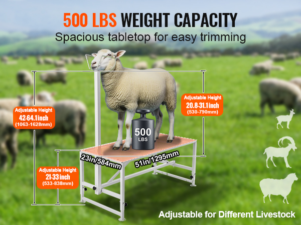 VEVOR livestock stand with 500 lbs capacity, adjustable height, and spacious tabletop for easy trimming.