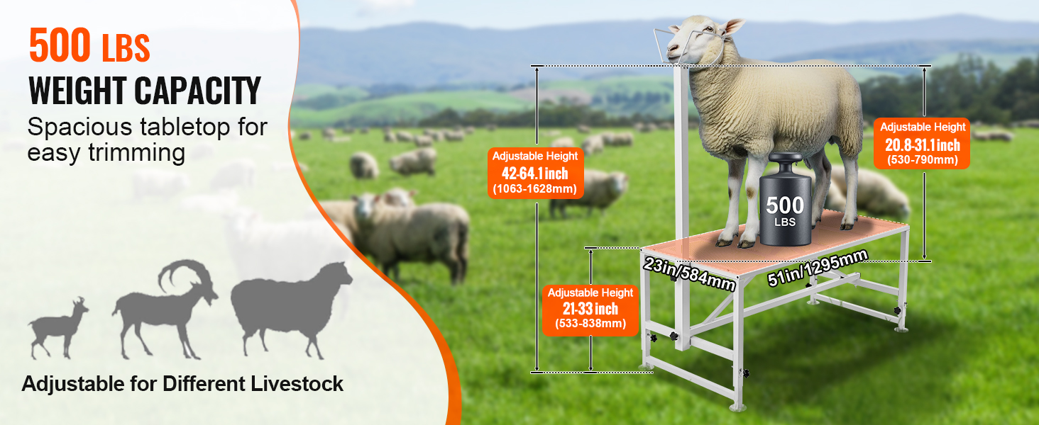 VEVOR livestock stand with 500 lbs capacity, adjustable height, and spacious tabletop for easy trimming.