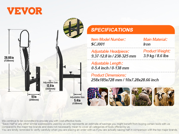 VEVOR livestock trimming stand, iron, adjustable headpiece and length, 3.9 kg, model scj001.