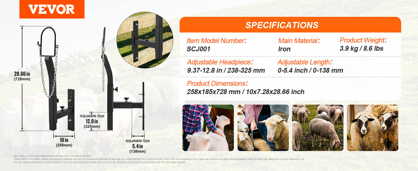 VEVOR livestock trimming stand, iron, adjustable headpiece and length, 3.9 kg, model scj001.