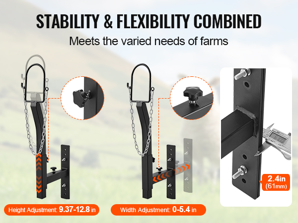 VEVOR livestock trimming stand with adjustable height and width for farm needs, measurement tools shown.