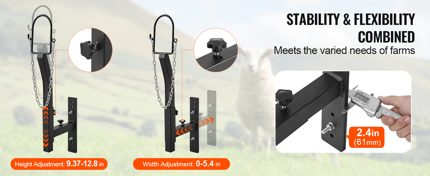 VEVOR livestock trimming stand with adjustable height and width for farm needs, measurement tools shown.