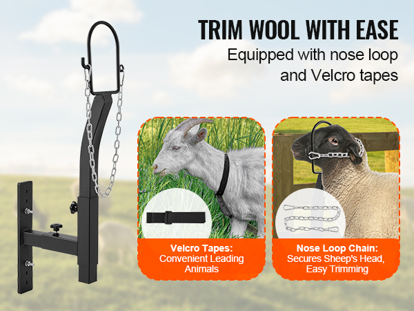 trim wool easily with the VEVOR livestock trimming stand, featuring a nose loop chain and velcro tapes.