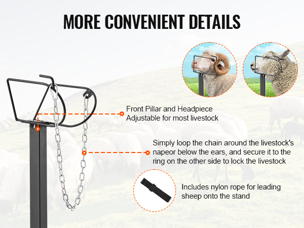 VEVOR goat & sheep stand with adjustable front pillar, headpiece, chain loop, and nylon rope for easy livestock control.