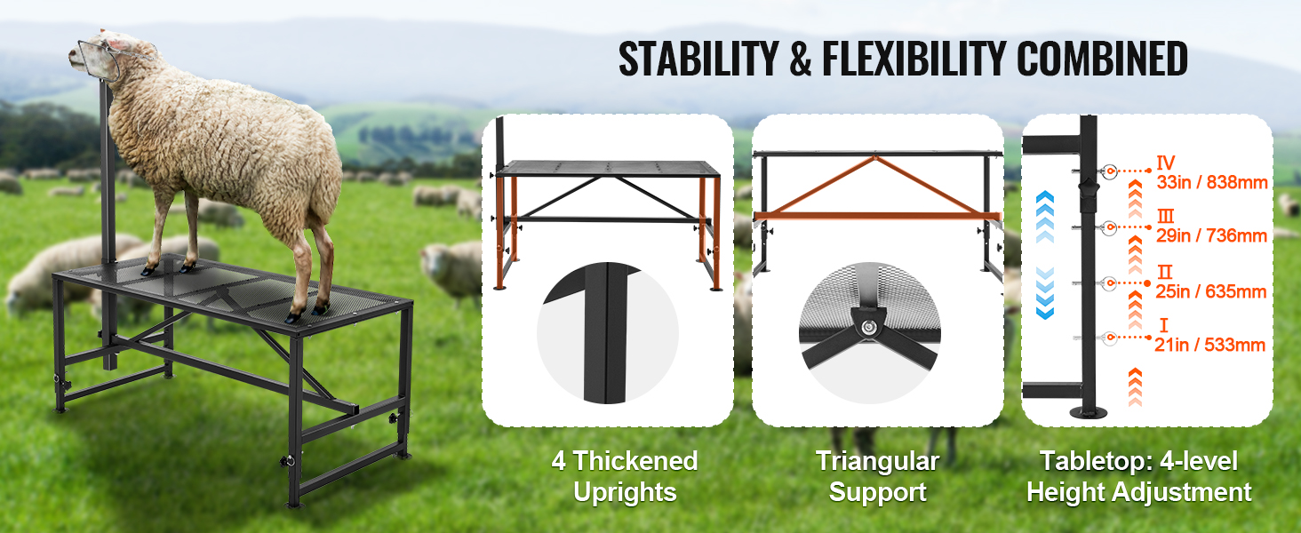 VEVOR goat & sheep stand with 4 thickened uprights, triangular support, and 4-level height adjustment.