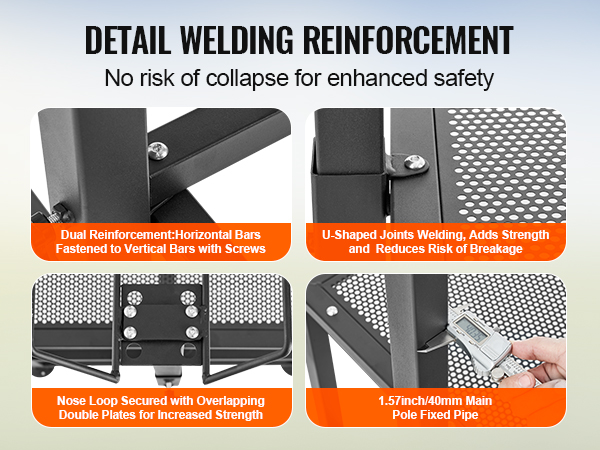 detail welding of the VEVOR goat & sheep stand enhances safety with dual reinforcement and u-shaped joints.