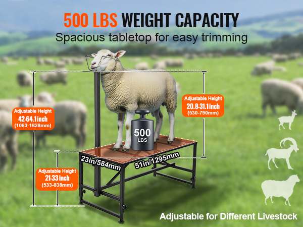 VEVOR goat & sheep stand with 500 lbs capacity, adjustable heights, and spacious tabletop for trimming.